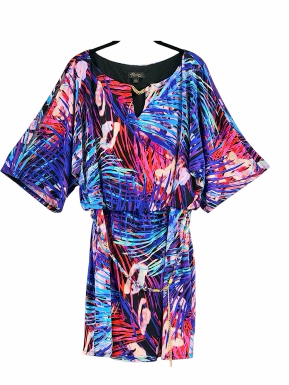 Thalia Sodi Tropical Palm Print Keyhole Mini Dress Gold Chain Belt Size L